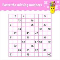 Paste the missing numbers from 1 to 100. Handwriting practice. Learning numbers for kids. Education developing worksheet. Activity page. Vector illustration.