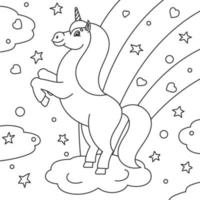 libro para colorear para niños. el unicornio mágico se encabritó. el animal caballo se para sobre sus patas traseras. estilo de dibujos animados. Ilustración de vector plano simple.