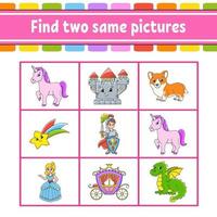 Find two same pictures. Task for kids. Education developing worksheet. Activity page. Color game for children. Funny character. Cartoon style. Vector illustration.