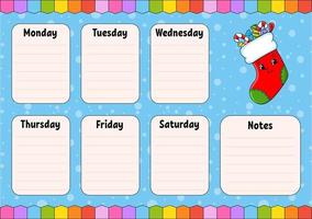 School schedule. Timetable for schoolboys. Empty template. Weekly planer with notes. cartoon character. Vector illustration.