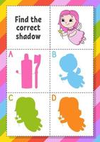 Find the correct shadow. Education developing worksheet for kids. Puzzle game. Activity page. cartoon character. Vector illustration.