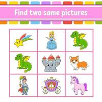 Find two same pictures. Task for kids. Education developing worksheet. Activity page. Color game for children. Funny character. Cartoon style. Vector illustration.