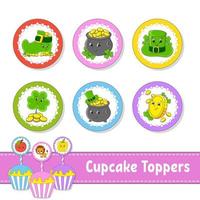 Cupcake Toppers. Set of six round pictures. cartoon characters. Cute image. For birthday, baby shower. Isolated on white background. Vector illustration.