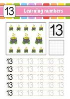 Trace and write numbers. Handwriting practice. Learning numbers for kids. Education developing worksheet. Activity page. Vector illustration.