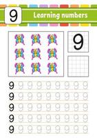 Trace and write numbers. Handwriting practice. Learning numbers for kids. Education developing worksheet. Activity page. Vector illustration.