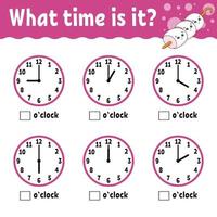 Learning time on the clock. Educational activity worksheet for kids and toddlers. Game for children. Simple flat isolated color vector illustration in cute cartoon style.