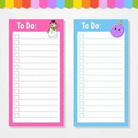 To do list for kids. Empty template. The rectangular shape. Funny character. cartoon style. For the diary, notebook, bookmark. Vector illustration.