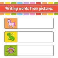 Writing words from pictures. Education developing worksheet. Activity page for kids. Puzzle for children. cartoon characters. Vector illustration.