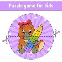 Cut and play. Round puzzle. Logic puzzle for kids. Activity page. Cutting practice for preschool. cartoon character. Vector illustration.