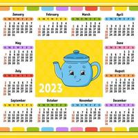 calendario para 2023 con un lindo personaje. diseño divertido y brillante. ilustración de vector de color aislado. estilo de dibujos animados