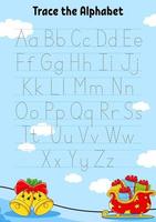 Writing letters. Tracing page. Practice sheet. Worksheet for kids. Learn alphabet. Cute character. Cartoon style. Vector illustration.