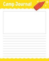 Lined sheet template for camp journal. Handwriting paper. For diary, planner, checklist, wish list. With cute character. Vector illustration.