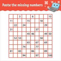 Paste the missing numbers from 1 to 100. Handwriting practice. Learning numbers for kids. Education developing worksheet. Activity page. Vector illustration.