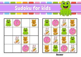 sudoku para niños. hoja de trabajo de desarrollo educativo. personaje animado. página de actividades de colores. juego de rompecabezas para niños. entrenamiento del pensamiento lógico. ilustración vectorial vector