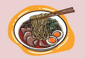 tradicional japonés ramen y ola para restaurante impresión en fondo de pantalla.ramen vector ilustración para garabatear arte.amanecer con palillos vector