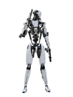 Cyberpunk robot holding gun isolated. 3d render png