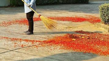 jardinero es limpieza rojo mil flor de India roble que cae en hormigón piso en el otoño video