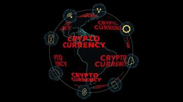 World map with cryptocurrency digital red text rotating and socail medie icon rolling on black screen video