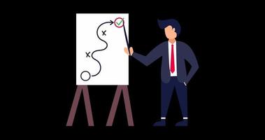 4k Business strategy planning animation. marketing tactic to achieve target, smart businessman presenting business strategy on whiteboard. video