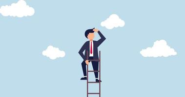 4k Ladder of success animation. smart confident businessman leader climb up to reach top of ladder high in the sky look forward to future. video