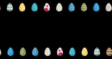 content Pâques mouvement graphique. 4k animation rangée de des œufs roulant dans un direction multi Couleur sur noir Contexte. symbole de Nouveau la vie