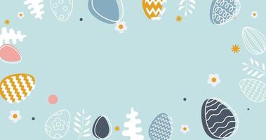 content Pâques animation modèle avec copie espace. coloré œufs, fleurs, et plantes sur bleu pastel Contexte. symbole de Nouveau la vie