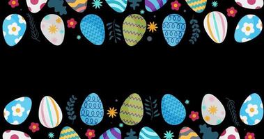 content Pâques animation modèle avec copie espace. coloré œufs, fleurs, et plantes sur noir Contexte. symbole de Nouveau la vie