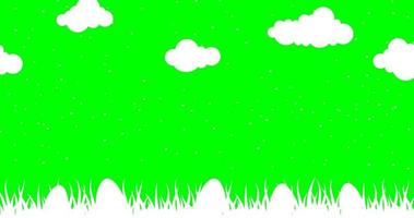 Happy Easter animation template with copy space. white eggs, grass, and clouds on the green screen background. Symbol of new life video