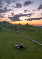 Hill landscape in switzerland during sunset, on each hill there is a tree photo