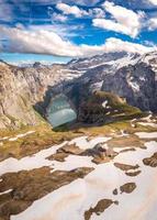 A mountain lake from above, under cloudy sky photo