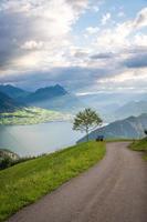 A hiking trail on a mountain, a bench and a tree stand at the edge.Rays of light break through the clouds and illuminate the mountains photo