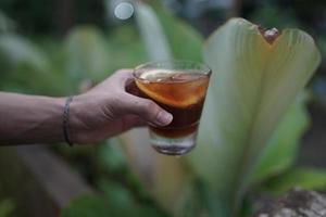 iced coffee lemon on hand with greenery background. photo