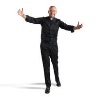 Cheerful priest on write background photo