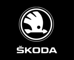 skoda marca logo coche símbolo con nombre blanco diseño checo automóvil vector ilustración con negro antecedentes