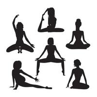 Vector graphics set of different vector black silhouettes of yoga girls in different asana poses