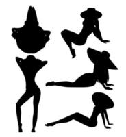 Vector graphics set of different black silhouettes of girls in a hat on vacation for desig