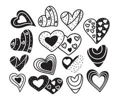 Vector graphics big set icons decoration patterns patterns black silhouette heart different sketches polka dots specks blots doodle hearts