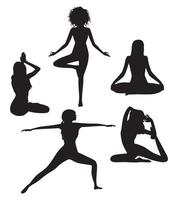 Big vector set of different poses asana yoga silhouettes of women