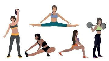 Big set different girls silhouette go in for sports do exercises in the gym vector