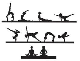 set many different girls do yoga in different poses silhouette vector