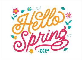 Flat design lettering hello spring background with leaf and flower vector