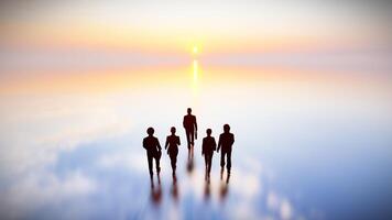 silueta empresario equipo caminando en reflexión tierra, 3d representación personas en espalda ver a puesta de sol tiempo. foto