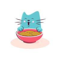 lindo personaje de gato disfruta sabroso ramen vector