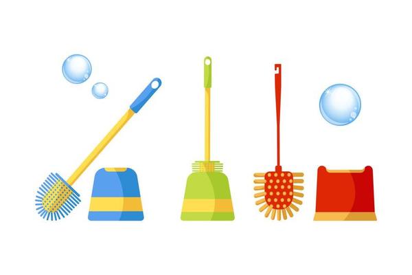 Set of multicolored toilet brush, stands for brushes isolated on white background. Household items. Household equipment for home and office. Toilet clean hygiene, sanitary wc bathroom concept. Vector