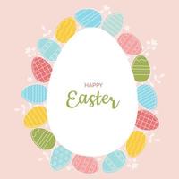 Frame for inscription of Easter eggs and spring flowers. Easter eggs drawn with linear outline with bright colored background. Greeting card, invitation, Happy Easter card. Cute vector illustration