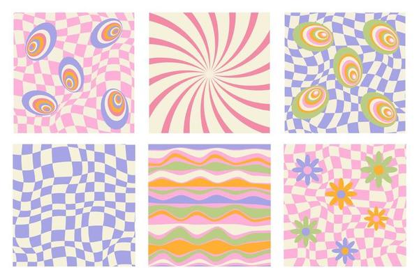 1970s Retro pattern groovy trippy. Trippy Grid, Wavy Swirl Pattern. Poster with 70s retro style. Flowers and psychedelic abstract background. Seventies Style. Hippie Aesthetic. Vector Illustration