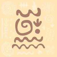 Drawing of ancient tribe. Primitive ethnic ornament, petroglyph, stone age. Spirals, wavy lines, zigzags, arrows. Ancient patterns. Design element for textiles, paper, fabrics. Vector illustration