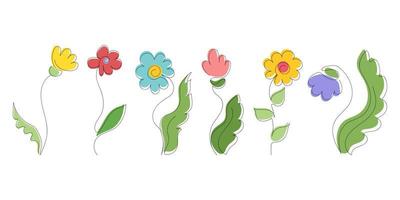 Set of cute flowers in style of lineart, hand-drawn outline with colored spots, isolated on white background. Suitable for greeting cards, invitations, textiles, holiday printing. Vector illustration