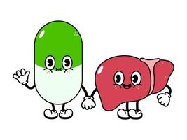 Cute, funny happy liver and pill character. Vector hand drawn cartoon kawaii characters, illustration icon. Funny cartoon liver and pill friends concept
