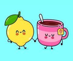 Cute, funny happy cup of tea and lemon character. Vector hand drawn cartoon kawaii characters, illustration icon. Funny cartoon cup of tea and lemon friends concept